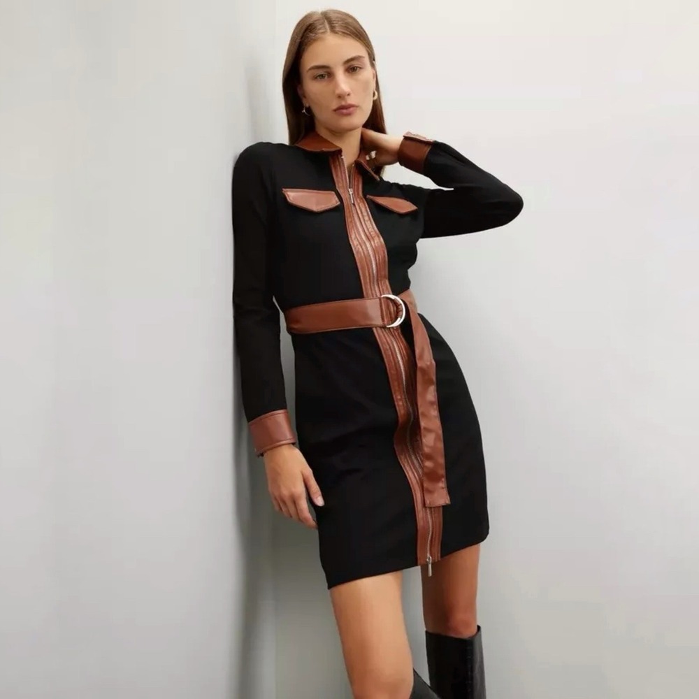 Derek Lam Jayda Mini‎ Dress Black Brown Faux Leather Long Sleeve Sz 40 / 4 US